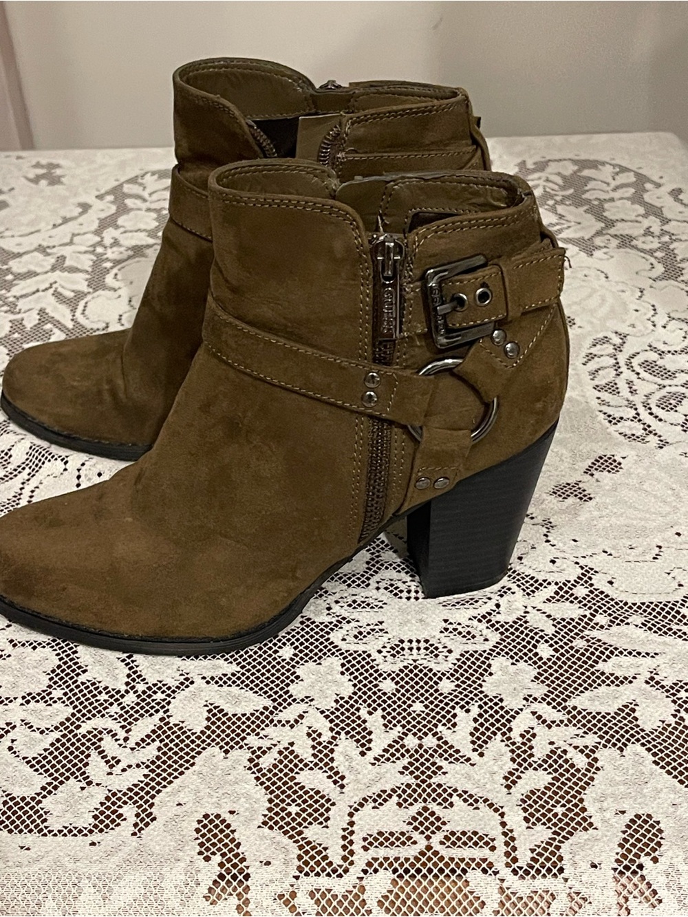 Guess Olive Brown Suede Ankle Booties with Buckle Detail